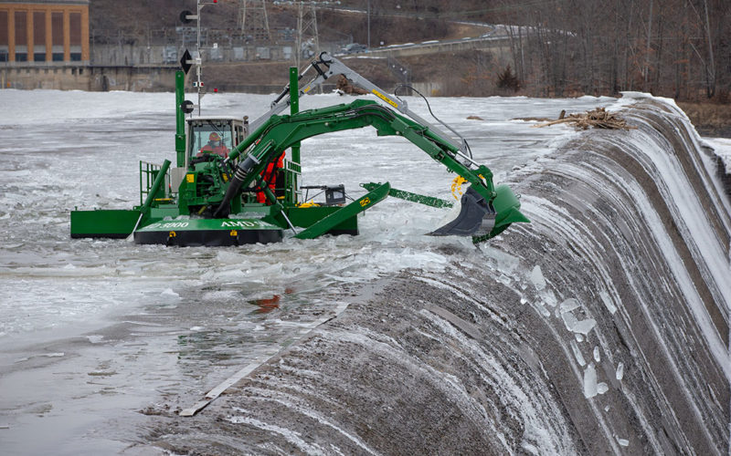 Watermaster to assist with icebreaking above the Vischer Ferry hydroelectric dam on the Mohawk River.