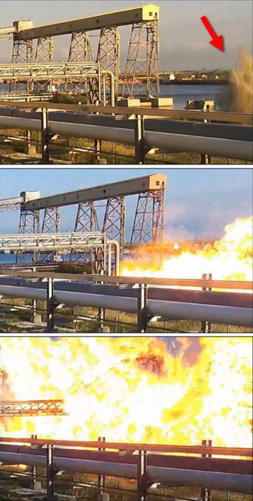 A security camera captured the burst of water and gas from the severed pipeline, and later the explosion.