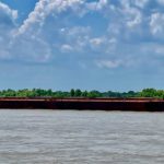 The Panama-flagged Bulk Pangaea sails up the Mississippi River near Algiers Point. Foreign ships often have different pay rates and labor standards than American vessels.