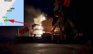 An image purporting to show Azburg on fire in Mariupol. Misinformation on social media makes it hard to verify the extent of damage to ships operating in and around Ukraine.