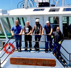 Capt. Bret Denny, Capt. Mark Boehland, engineer Gilbert Sontag, engineer Bryce Mulholand and deck hand Mark Fredette delivered Rachael Allen from Langley, Wash., to its new home in Richmond, Calif.