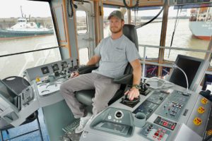 Mate Austin Gibbs demonstrates how to operate the tug’s three z-drives.
