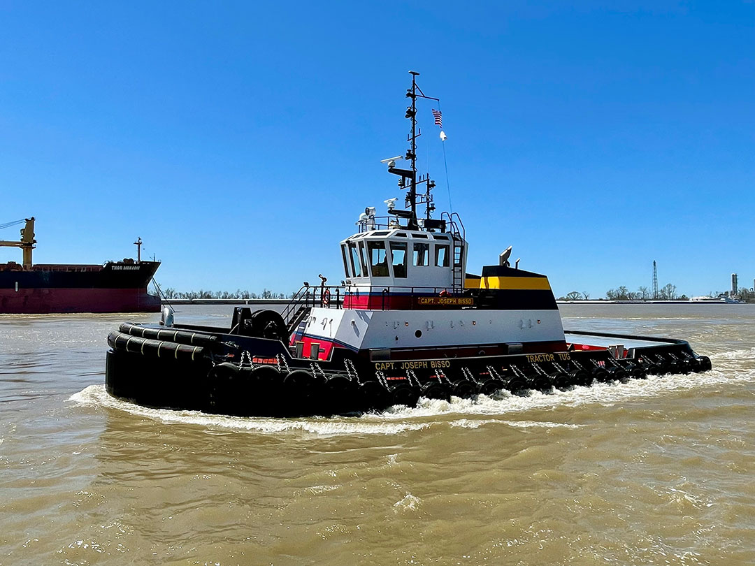 Capt. Joseph Bisso docking near the Burnside Anchorage in Convent, La.  Bisso Towboat Co. keeps three vessels there to service the Zen-Noh Grain Corp. and other customers. 