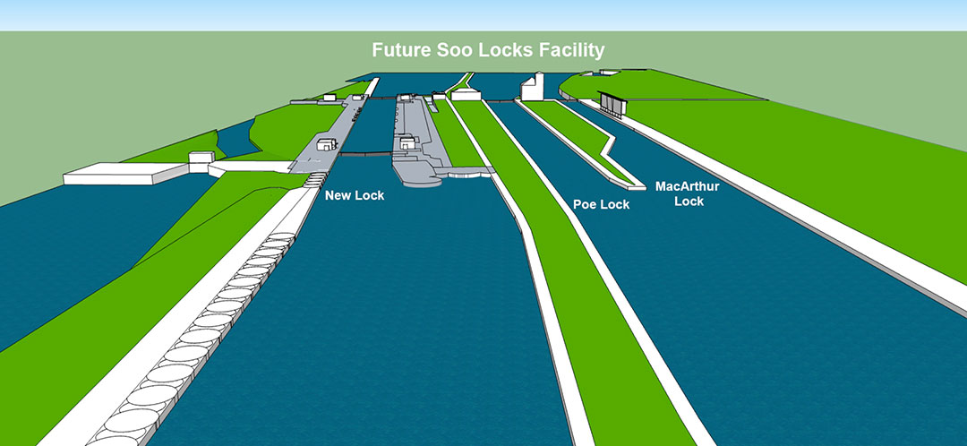 The Soo Lock upgrades will result in a new lock to the north of the existing Poe and MacArthur locks.