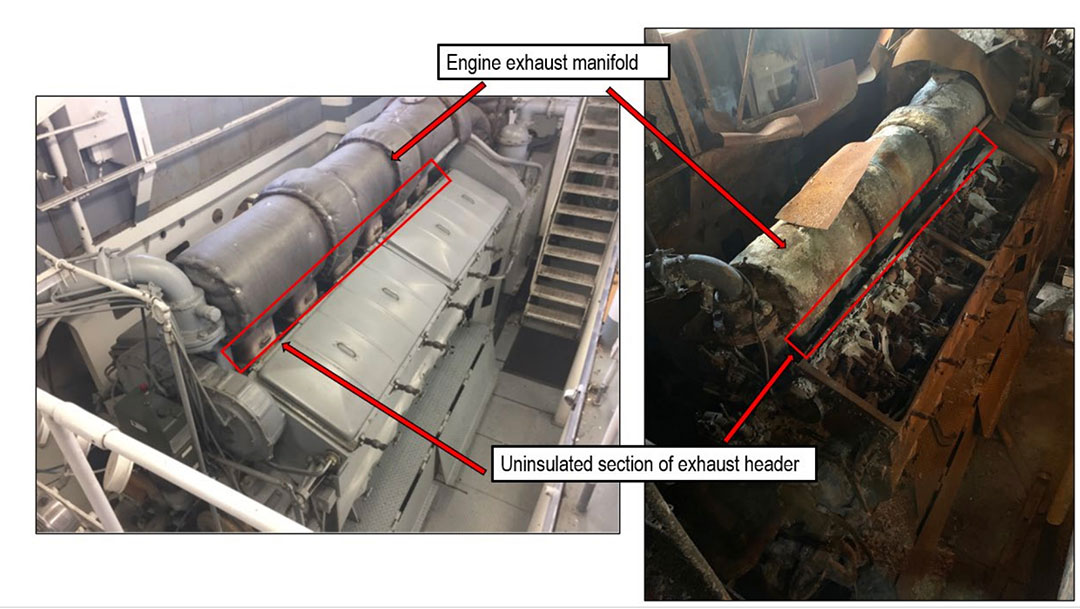 Images from the investigation showing ignition points for fuel that sprayed from the main engine fuel system.