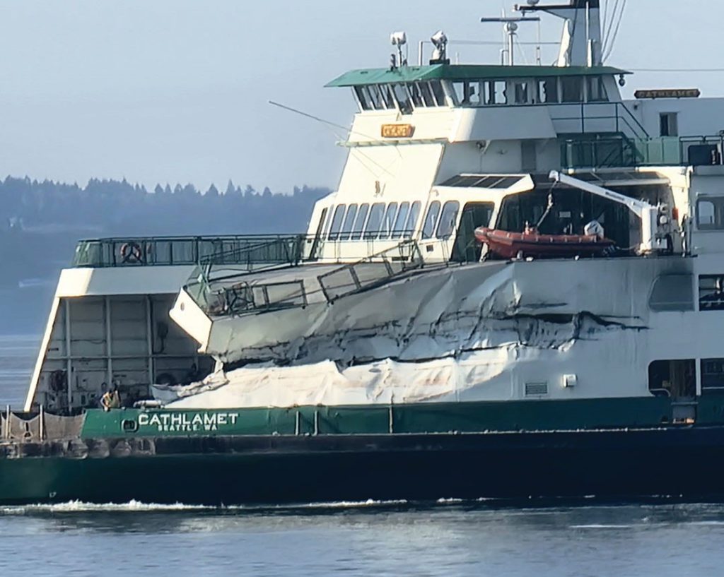 Ferry officials say nobody was seriously hurt when Cathlamet hit the structural dolphin near a West Seattle terminal. The ferry requires extensive repairs.