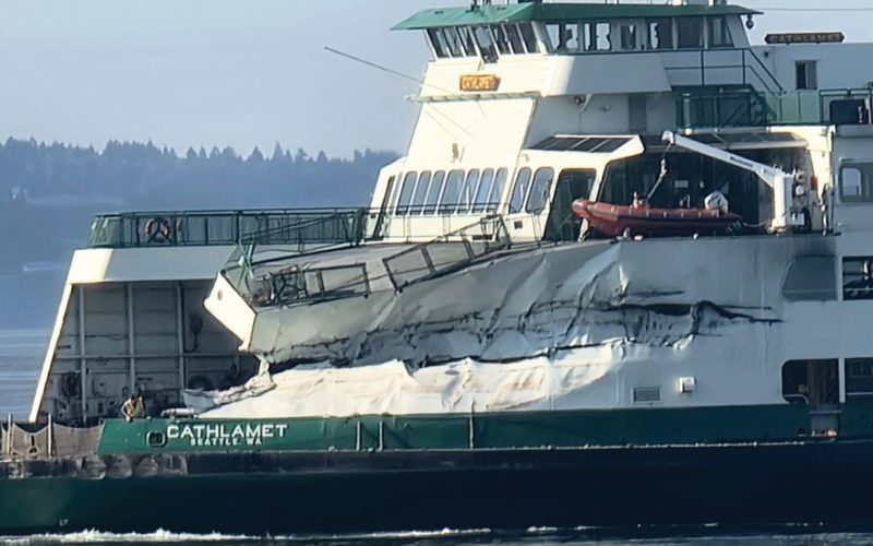 Ferry officials say nobody was seriously hurt when Cathlamet hit the structural dolphin near a West Seattle terminal. The ferry requires extensive repairs.