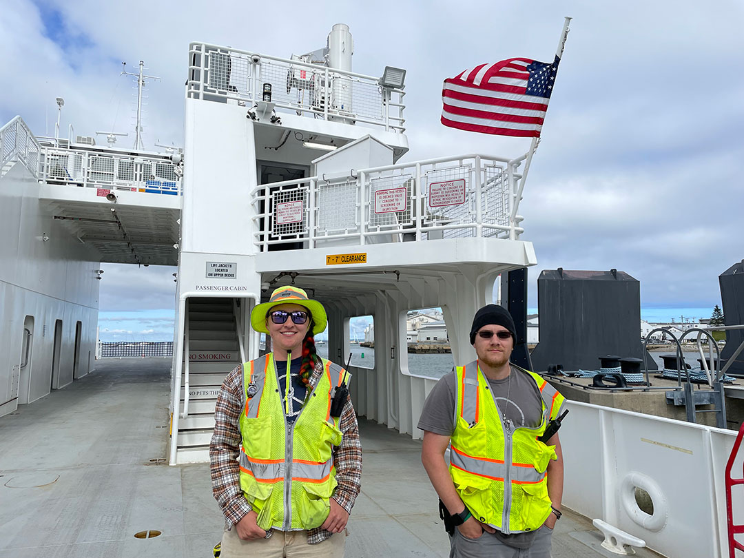 ABs Hannah Harm, left, and Josh Morehouse do a little of everything for the Maine ferry service.