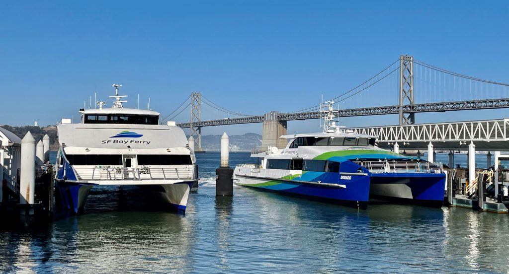 Dorado features a sleek, lower-profile design compared to Vela, left, and other WETA ferries.