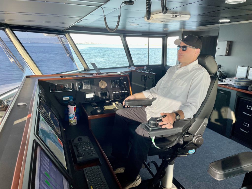 Capt. Ryan Boatright guiding the ferry across San Francisco Bay.