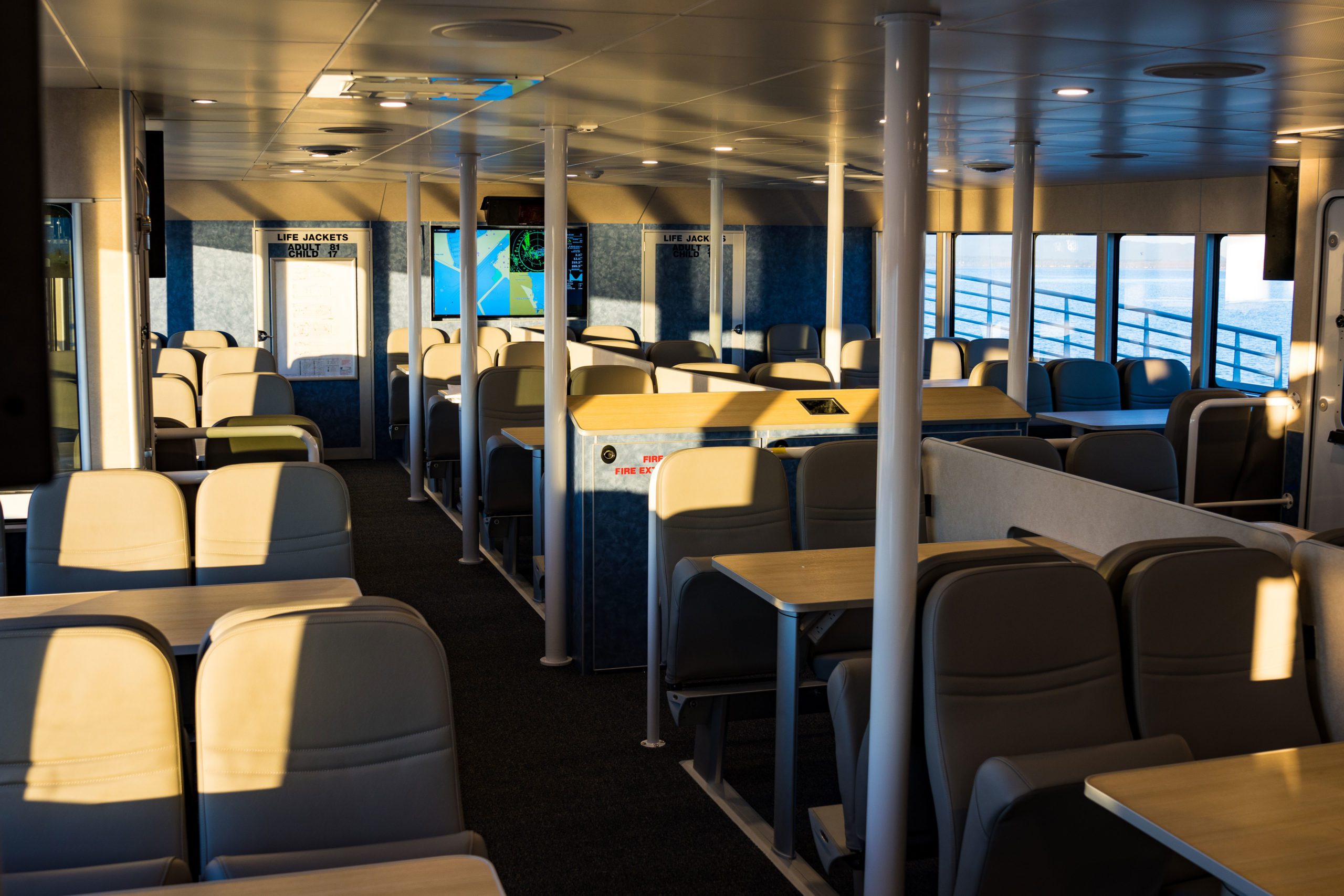 The vessel’s main cabin is packed with amenities to keep passengers comfortable and happy.