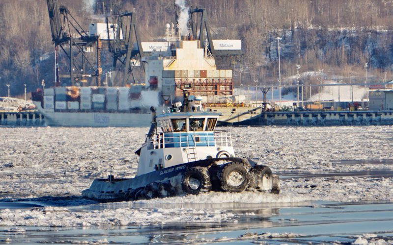 Tractor tires on Cook Inlet Tug & Barge’s Glacier Wind provide cushion and grip in icy conditions.