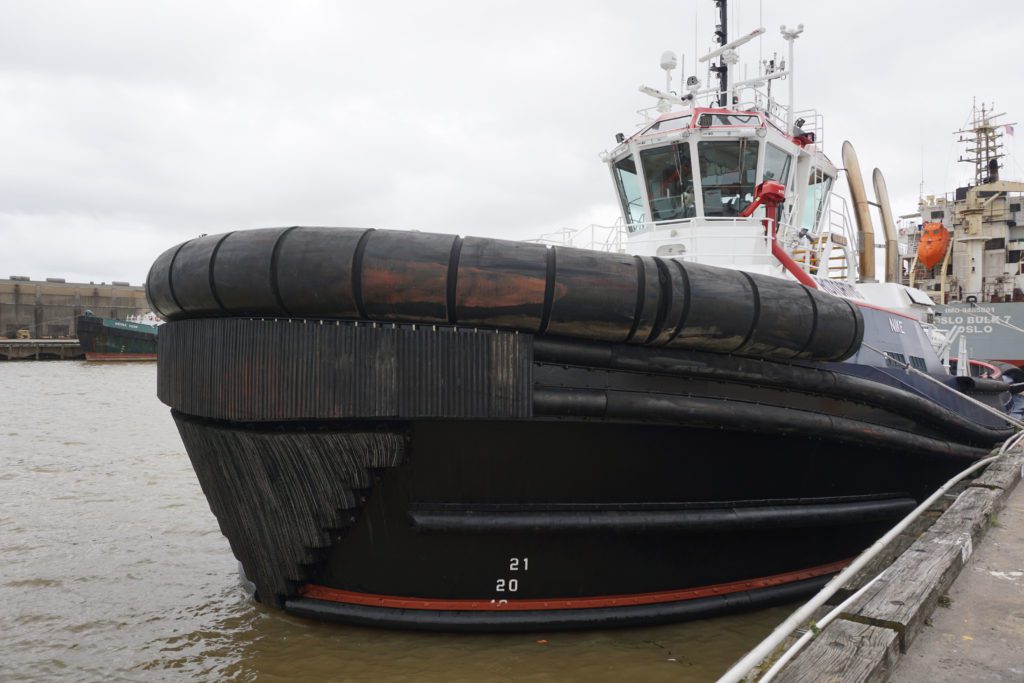 Seabulk’s Nike has courses of cylindrical, molded and laminate fendering on the bow, with rows of D-rubber running down the sides