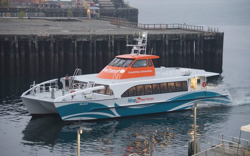 Kitsap Transit’s fast ferry Reliance pulls into Pier 50 in downtown Seattle on a foggy fall morning.
