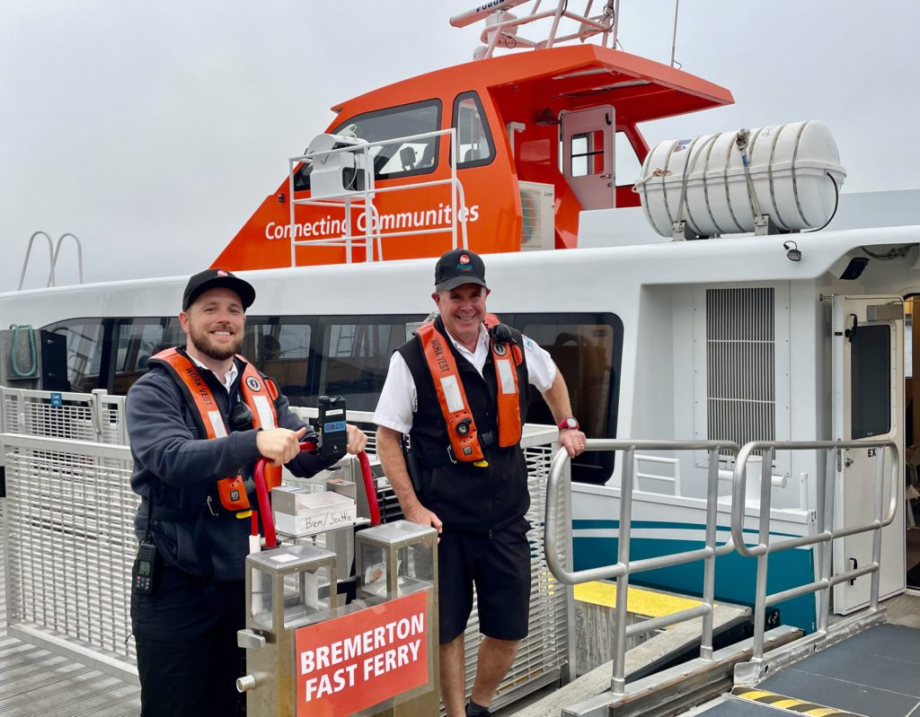 Senior deck hand Mike Poole, right, with Chaz Peters before getting underway from Seattle. The crossing to Bremerton takes about 30 minutes.