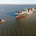 Tugboats pull the containership Ever Forward free after a month aground in Chesapeake Bay.