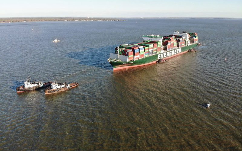 Tugboats pull the containership Ever Forward free after a month aground in Chesapeake Bay.