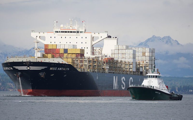 Foss Maritime’s Garth Foss prepares to work a containership in Elliott Bay.
