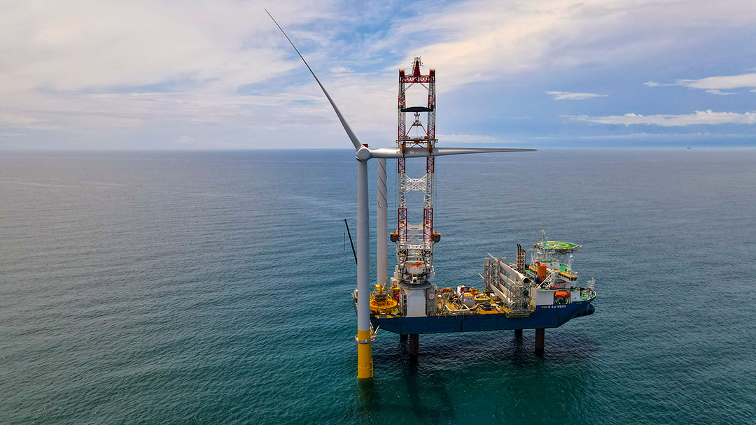 The Luxembourg-flagged Vole Au Vent building wind turbines off Virginia Beach in 2021.
