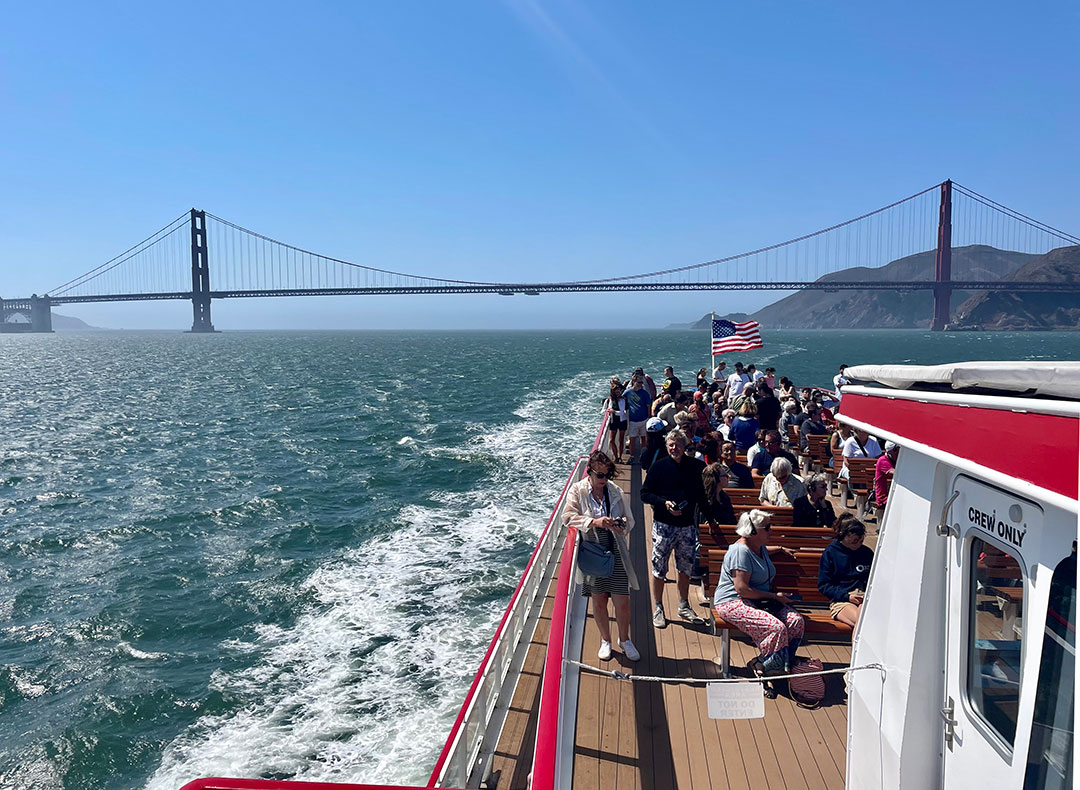 Enhydra passengers soak up views of San Francisco Bay, including the iconic Golden Gate Bridge. 