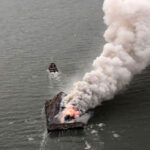 Molten metal from the fire aboard CMT Y Not 6 escaped into Delaware Bay through the barge’s freeing ports.