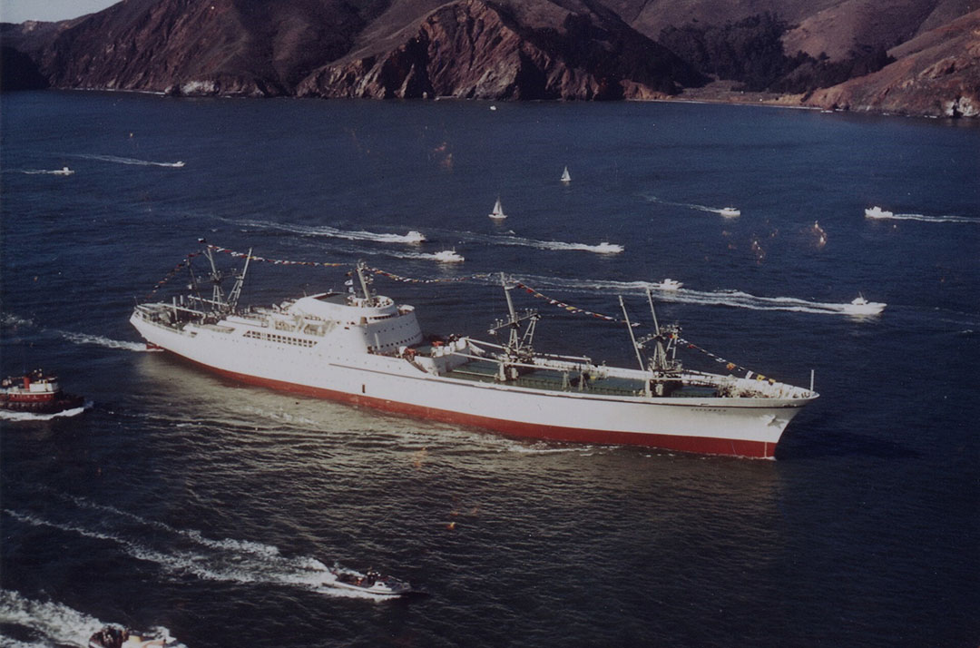 The NS Savannah, outbound from San Francisco for Seattle, was the world’s first nuclear-powered merchant vessel.