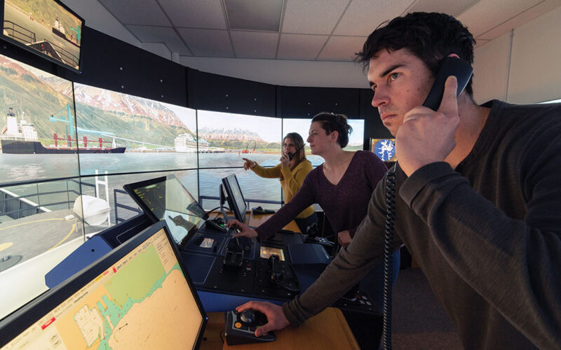 Mariners train on one of the largest and most robust maritime training simulator suites in the country at the Alaska Vocational Technical Center.