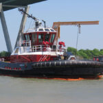 The tug George M following the April 2022 collision with the MSC Aquarius in the Houston Ship Channel.