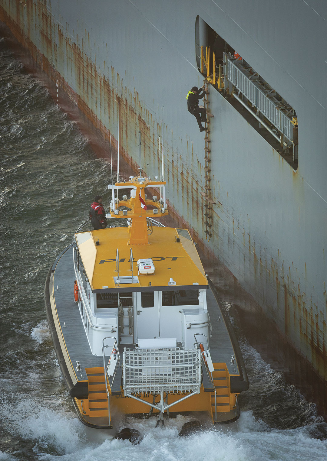 A stern view of Orion showing its Hamilton waterjets and hydraulic safety platform.