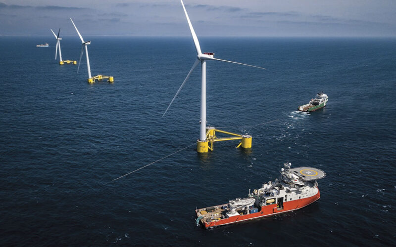 A floating wind array in operation off the coast of Portugal.