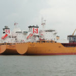 A pair of ochre-hulled Stolt product tankers awaiting cargoes at the Port of Houston.