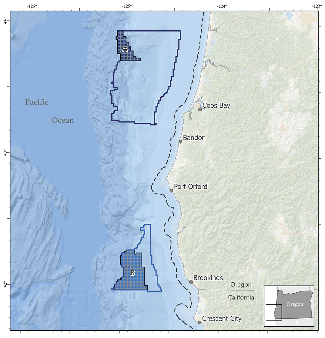 The two Wind Energy Areas encompass a combined 195,012 acres of water off the coast of Oregon.