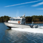 The 32-foot fire-rescue boat is powered by twin 300 hp Yamaha outboard motors that give the boat a top speed of more than 40 knots.