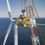 The first of South Fork Wind’s Siemens Gimesa wind turbines was hoisted into place last November.