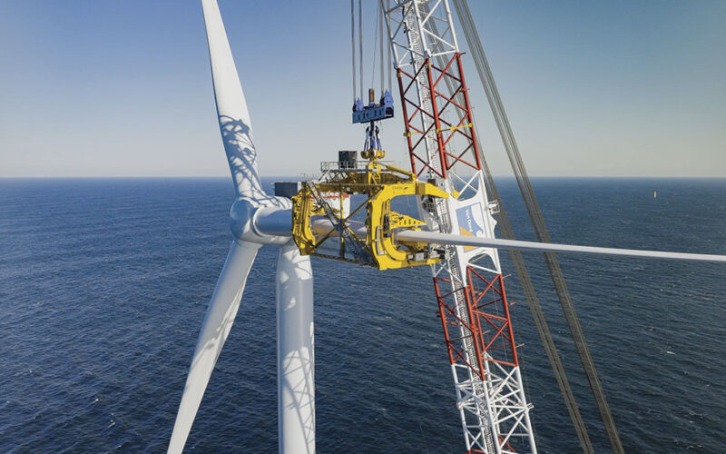 The first of South Fork Wind’s Siemens Gimesa wind turbines was hoisted into place last November.