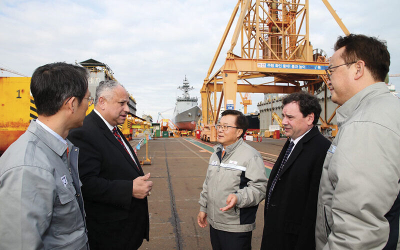 Secretary of the Navy Del Toro and Hanwha Group Vice Chairman Dong Kwan Kim at the Hanwha Ocean shipyard.