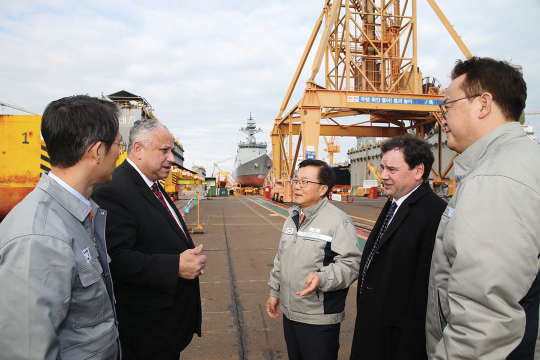 Secretary of the Navy Del Toro and Hanwha Group Vice Chairman Dong Kwan Kim at the Hanwha Ocean shipyard.