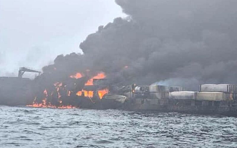 U.S.-flagged tanker burns after being hit by boxship off Britain