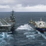 Military Sealift Command (MSC) chartered ship motor tanker Badlands Trader positions alongside Nimitz-class aircraft carrier USS George Washington (CVN 73) during a fueling-at-sea while underway in the Philippine Sea on May 28. If the MSC’s Ready Reserve Force RRF and the 72 U.S.-flagged merchant ships enrolled in various security programs were reactivated right now, there would be an estimated shortage of some 1,800 qualified mariners to crew those vessels.
