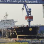 A tanker under construction at Philly Shipyard in 2012, which was then under the ownership of the Aker Group, a Norwegian industrial investment company. Philly Shipyard, whose struggles have been emblematic of American shipbuilding, was acquired by the South Korean conglomerate Hanwha Group in December 2024.
