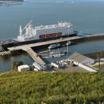 A rendering of Cal Poly Maritime’s new national security multi-mission vessel Golden State. With the pier between the historic Boathouse and the Carquinez Strait under expansion, Golden Bear — the academy’s training ship since 1996 — is berthed at Mare Island Dry Docks.