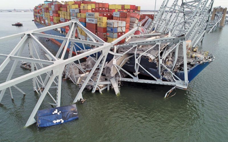 The 984-foot containership Dali, with the fallen Francis Scott Key Bridge across its forward deck on the Patapsco River, Baltimore, Md., on March 28, 2024.