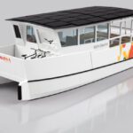A rendering of a solar-electric passenger ferry designed by Lyman-Morse shows the aluminum, double-pontoon catamaran that will be built for MeVa Transit to provide short-route, zero-emission service on the Merrimack River.