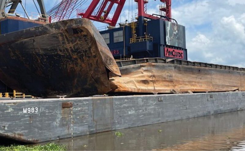 An April 2024 photo of barge PTC 706 at a recycling yard in Houma, La., after spending 24 days on the bottom of the Mississippi River.