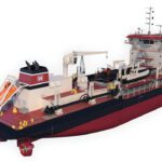 A rendering of the hopper dredge Donnelly, now under construction at Eastern Shipbuilding Group’s Allanton, Fla., facility. The 320-foot vessel will carry up to 6,000 cubic yards of material and is designed to dredge to depths of 65 feet, replacing the aging dredge McFarland in the U.S. Army Corps of Engineers fleet.