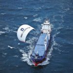 The multipurpose cargo vessel BBC SkySails deploys a computer-controlled towing kite, an early wind-assisted propulsion system designed to supplement engine power and reduce fuel consumption under favorable wind conditions.