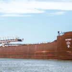 The articulated tug and barge (ATB) Dorothy Ann/Pathfinder entering the Port of Cleveland in June 2017. The 580-foot Pathfinder was built in 1952; the 119-foot Dorothy Ann was built in 1999.
