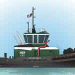 Rendering of the RApport 2800-H hybrid tug designed by Robert Allan Ltd. for Harbor Docking & Towing, a 92-foot escort vessel with diesel-electric propulsion and an expected bollard pull of about 88 tons.