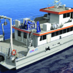 An artist rendering of the 78-by-26-foot hydrofoil-assisted aluminum research catamaran under construction by All American Marine for the University of Texas Marine Science Institute. Designed by Teknicraft Design, the vessel will support offshore research, survey and teaching missions throughout the Gulf.