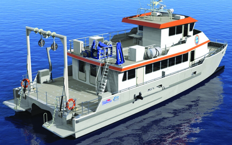 An artist rendering of the 78-by-26-foot hydrofoil-assisted aluminum research catamaran under construction by All American Marine for the University of Texas Marine Science Institute. Designed by Teknicraft Design, the vessel will support offshore research, survey and teaching missions throughout the Gulf.